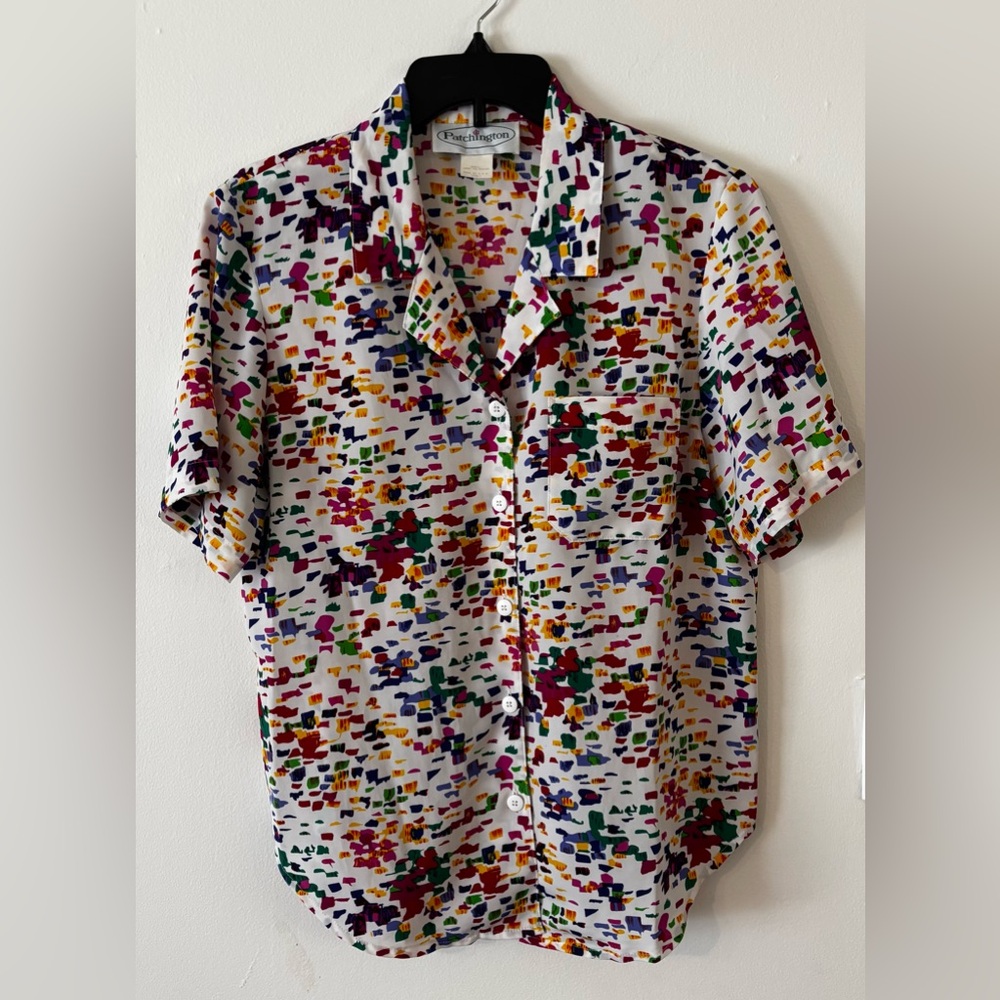Patchington colorful purple green yellow button down vintage casual top small